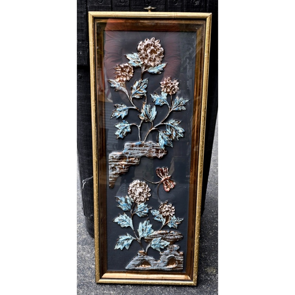 3D Copper Enamel Floral Framed Wall Art Chrysanthemums Butterfly MCM